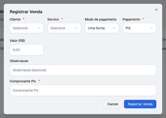 Janela de registrar venda do KORIS com cliente, serviço, forma de pagamento e valor